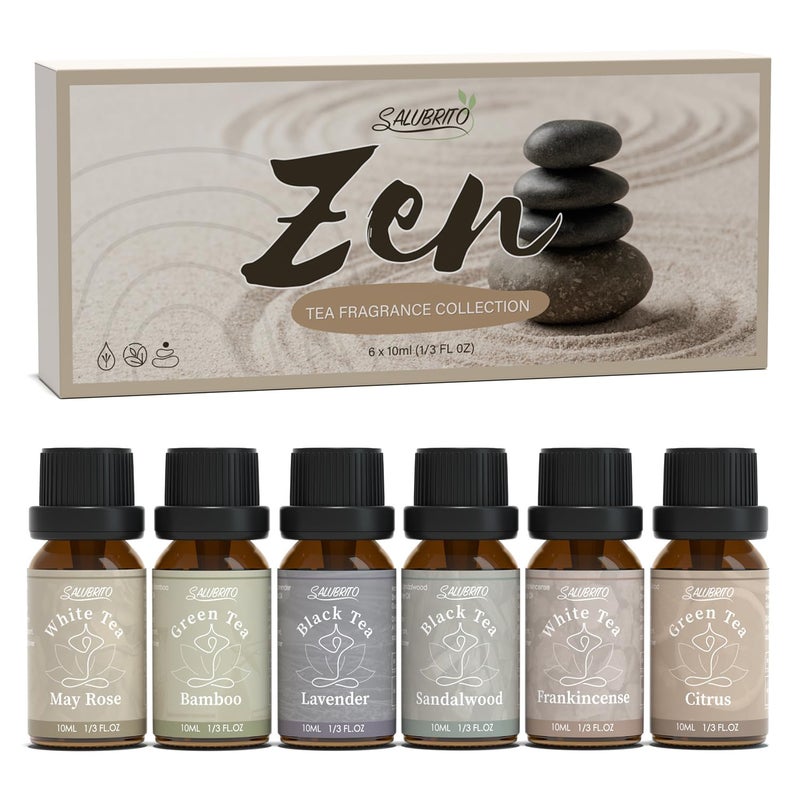 SALUBRITO Zen Essential Oil Set, Tea Collection Fragrance Oil for Diffuser, Candle, Soap Making, White Tea, Black Tea, Green Tea Blended with Rose, Bamboo, Lavender, Sandalwood, Frankincense, Citrus